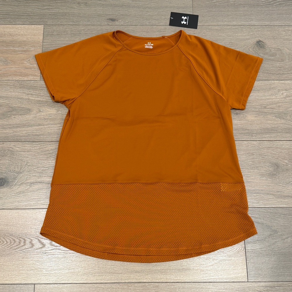 UNDER ARMOUR Rust Orange Breathelux Tee Short Sleeve Open Back Mesh Top Size XL‎